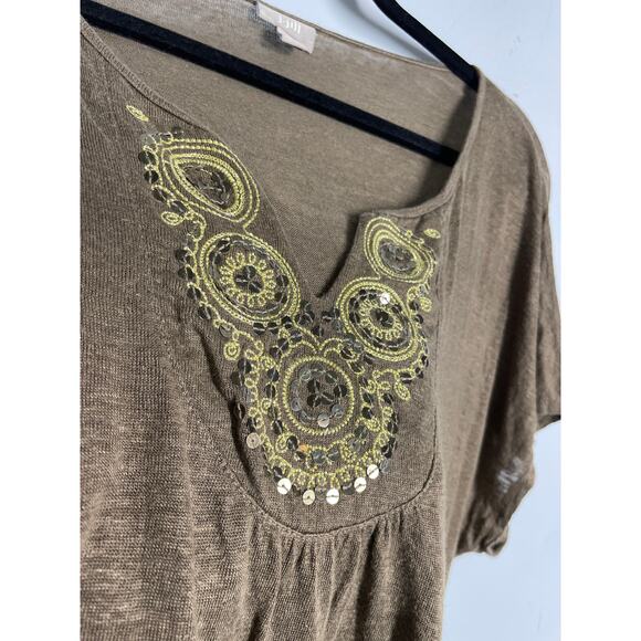J. Jill, Size XL, Brown, 100% Linen Top, Gold Embroidered Neckline, Relaxed, EUC - Picture 2 of 7